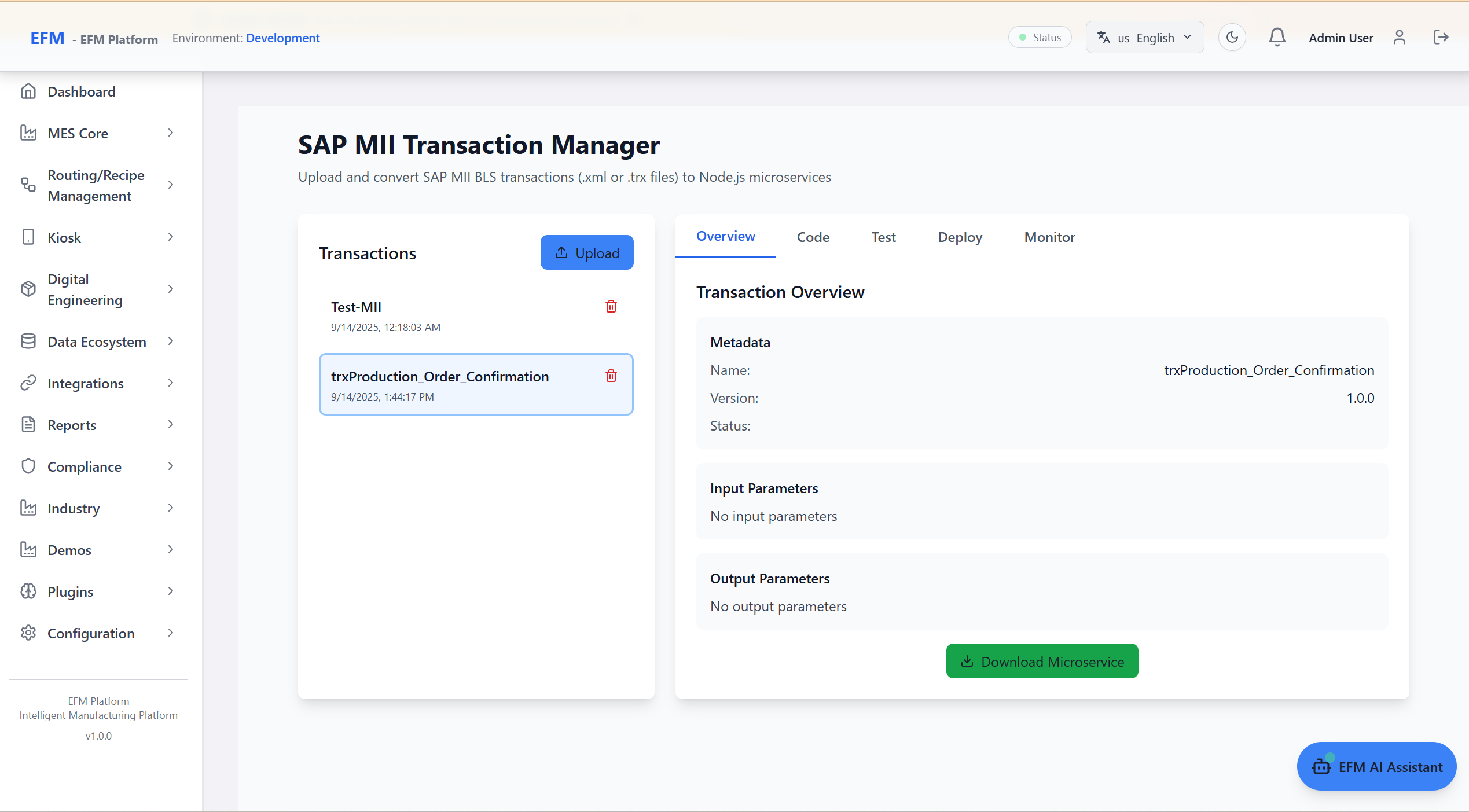 SAP MII to EFM Migration Architecture Diagram